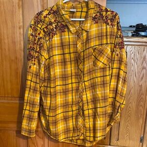 Terra & Sky Mustard Plaid Embroidered Button Down Shirt